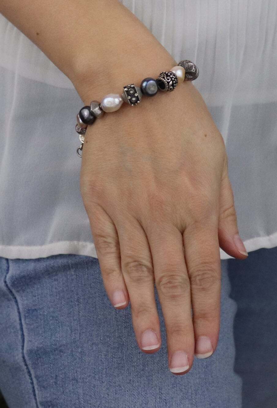 Sterling Silver Pink, White, Grey Pearl Bali Bracelet Add Charm 7 1/2" inch - Picture 2 of 7